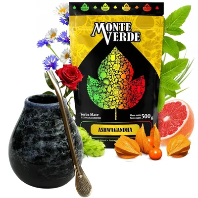 Produktbild von Yerba Mate-Tee Set mit Yerba Mate Monte Verde Ashwagandha 500g - Keramik mate-tee tasse Marmol 350ml - Edelstahl Bombilla 19cm