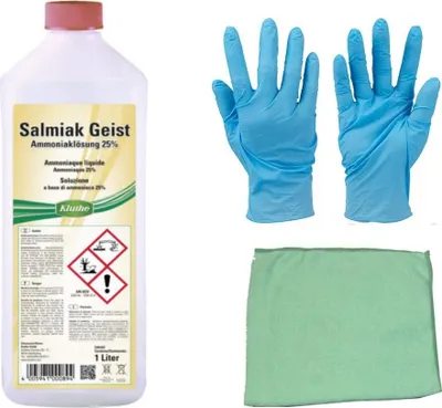 Produktbild von 25% 1 Liter Salmiakgeist Ammoniak-Lösung, Reinigungs- und Entfettungsmittel inkl. Microfasertuch und Nitrilhandschuhe von E-Com24