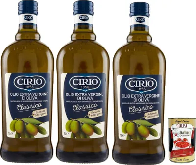 Produktbild von Cirio, Extra Natives Olivenöl Classico, Olivenöl mit höherer Kategorie, das direkt von den Oliven und nur durch mechanische Verfahren erhalten wurde, 3x 1lt + Italian Gourmet polpa 400g
