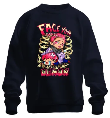 Obrázok produktu pre Face Your Inner Demon Chibi Anime Ästhetik Skull Gothic Otaku Uni mikina, Navy, L