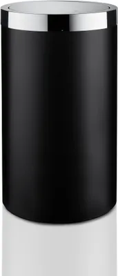 A black cylindrical waste bin with a silver rim and lid.