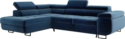 Produktbild von Ecksofa MONTANA mit einstellbare Kopfstützen, Eckcouch mit Schlaffunktion und Bettkasten, Sofa Cord, Polsterecke, Wohnlandschaft Links Blau PS05