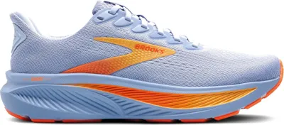 A side view of a blue and orange Brooks running shoe.