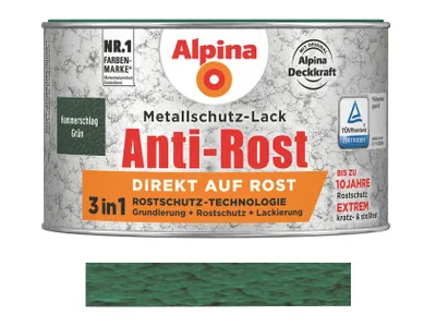 Produktbild von Alpina 300 ml Anti-Rost Metallschutz-Lack, Hammerschlag Grün RAL 6036, auf Rost
