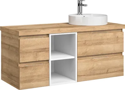 Produktbild von Badezimmer Einzelwaschtisch, 118cm, grifflos, in Riviera Eiche Nb. mit weiß Glanz VILLATORO-66, B/H/T ca. 118/61,2/44,5 cm