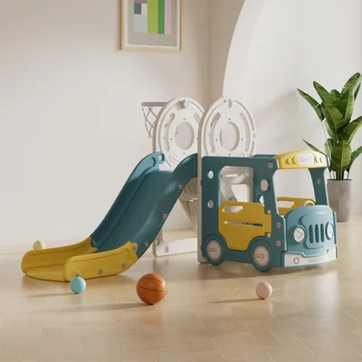 Produktbild von 360Home Indoor-Kinderautorutsche möbel Rutsche mit Basketballkorb blau Gelb【RT-255K】