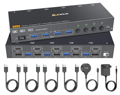 Zdjęcie produktu dla Przełącznik KVM obsługujący rozdzielczość 8K przy 60 Hz, z podwójnym monitorem, wyposażony w 4 porty USB 3.0 i pilot zdalnego sterowania