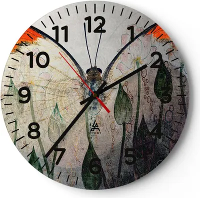 Produktbild von Wanduhr - Rund - Glasuhr - Schmetterling Abstraktion - 40x40cm - Schleichendes Uhrwerk - Lautlos - zum Aufhängen bereit - Dekoration Modern - Wanddekoration aus Glas - C4AR40x40-4081