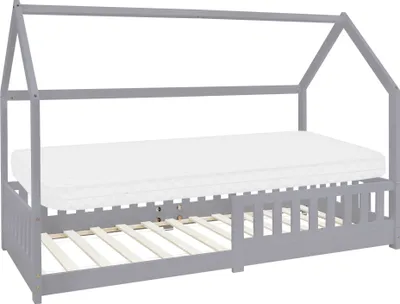 Produktbild von ML-Design detská posteľ 90x200 cm s matracom, ochranou proti vypadnutiu, strechou a lamelovým roštom, svetlosivá, posteľ z borovicového dreva