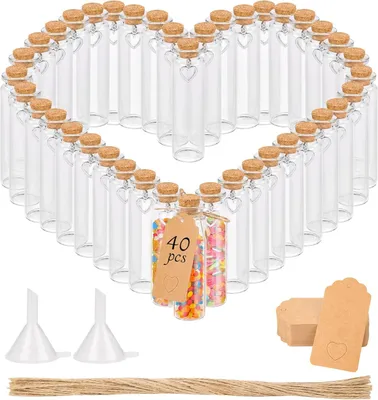 Produktbild von 40 Mini Gläser mit kurk 20 ml - kleine Reagenzgläser - Reagenzglaschen - Hängekorb in Herzform - Etiketten - Schöpfer - Pferdeschweif - Gastgeschenk - Hochzeit - Partydekoration