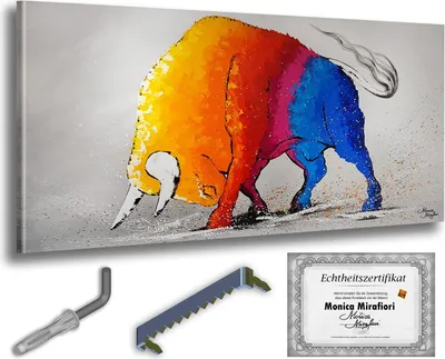 Immagine prodotto di Monica Mirafiori I 100% DIPINTO A MANO I Pittura "Toro di Reinbow" 100x50cm | Pittura dipinta a mano | Pittura acrilica | Pittura acrilica molto grande I Arte moderna I Quadri d'arte