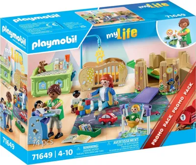 A Playmobil 'myLife' playset featuring a nursery theme, displayed on its packaging.