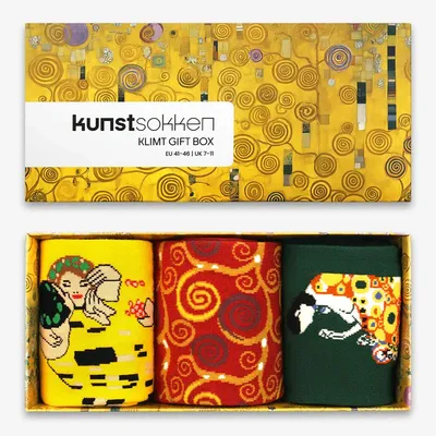Image de Ensemble cadeau "Kunst Socken" Gustav Klimt : chaussettes colorées unies en mélange de Coton. Cadeaux de Noël originaux pour les amateurs d'art