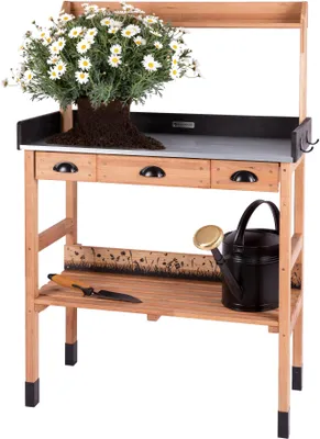 Productafbeelding van WONDERMAKE Grote plantentafel van kersenhout met lades, weerbestendig, tuintafel voor buiten, geschikt voor terras of balkon, van hoge kwaliteit, tuintafel, bruin