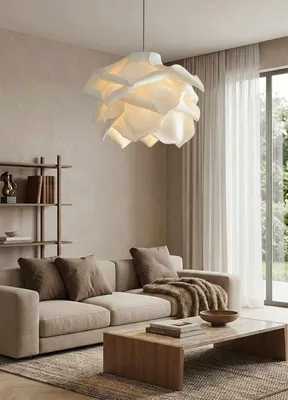 Produktbild von Opviq, Moderne Deckenleuchte (Chandelier) in Weiß, Kunststoffkörper, Höhenverstellbar (115-120 cm), Ø58 cm, E27 Fassung, Max 40 W, IP20, Elegantes Design für jeden Raum.