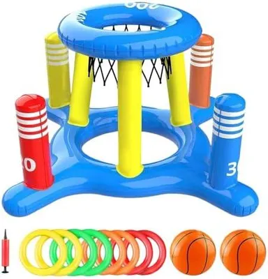 Produktbild von Aufblasbare Pool Basketballkorb mit Ringwurfspiel, Aufblasbare Pool Spielzeug Float, Wasserspielzeug, Schwimmender Basketballkorb mit 2 Bällen & 8 Wurfringen, Poolspiel für Sommer, Poolparty