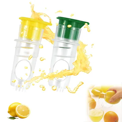Two manual citrus juicers with yellow and green caps are shown with splashes of orange juice, and a separate inset shows a hand pouring juice from a lemon into a glass.
