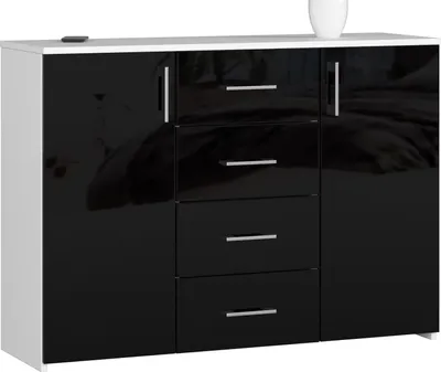 Zdjęcie produktu dla BDW Komoda na wysoki połysk, 4 szuflady, 2 drzwi, 110x80 cm, biało-czarna
