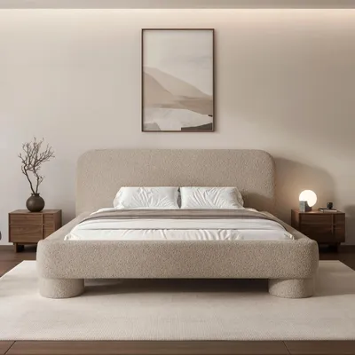 Productafbeelding van Gestoffeerd bed Frederico 160x200 cm, beige bouclé – Tweepersoonsbed met opbergruimte, lattenbodem en rond hoofdeinde