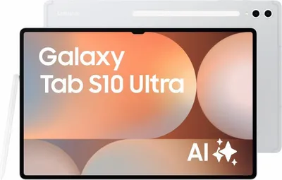 A white Samsung Galaxy Tab S10 Ultra tablet is shown from the front, displaying its screen with marketing text and graphics. The back of the tablet is also visible.
