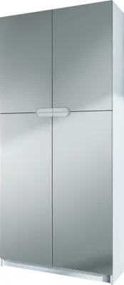 A white and gray cabinet with two doors.