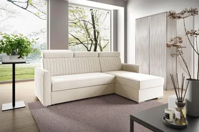 Zdjęcie produktu dla LIKMA Narożnik 213 cm Beżowy Rozkładany NELI Kształt L z Funkcją Spania (190x125 cm) i Pojemnikiem na Pościel Sofa z Regulowanymi Zagłówkami