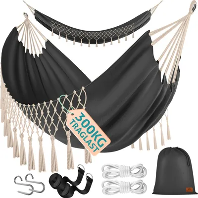 Produktbild von KESSER® Hängematte 320x150 cm belastbar bis 300 kg, wetterfeste & atmungsaktive Tuchhängematte mit Fransen für 1-2 Personen – Ideal für Camping, Garten & Outdoor, inkl. Beutel, Seile & Gurte