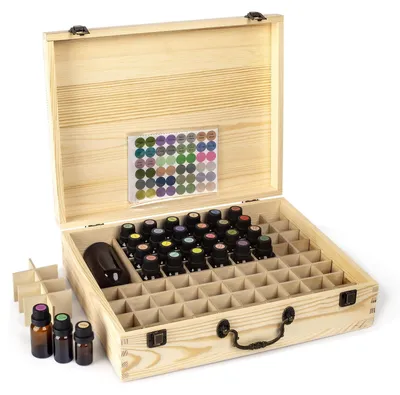 Produktbild von Aufbewahrungsbox aus Holz für ätheische Öle, 80 Fächer, Halterung für 15-ml-Fläschchen, Nagellackaufbewahrung mit Deckel.