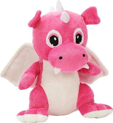 A pink plush dragon toy is sitting and facing the camera.