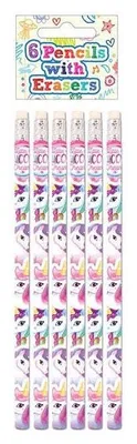 A package of six unicorn-themed pencils with erasers, displayed vertically.