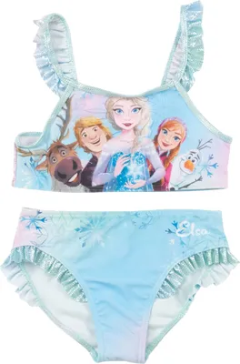 Produktbild von Disney Die Eiskönigin Bikini mit Rüschen für Mädchen - Elsa und Freunde Frozen Kinder Zweiteiler Schwimmanzug Blau, Größe:122-128