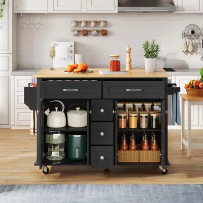 Immagine prodotto di Carrello da cucina con piano di lavoro pieghevole, dimensioni 140x40(65)x89 cm, colore nero/effetto legno, dotato di 5 cassetti e ripiano per spezie