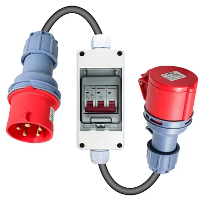 Produktbild von CEE Adapter 32A auf 16A mit FI-Schutzschalter, 1m Gummikabel 5x2,5mm², IP44 Schutz, hoher Strom, 3-poliger 16A Leistungsschalter