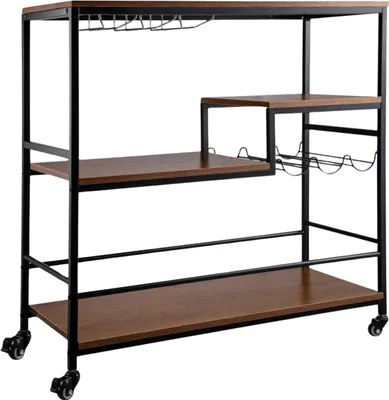 Immagine prodotto di Carrello bar su rotelle - Carrello di servizio a 3 livelli - Carrello bar in legno - Con portabottiglie e portabicchieri - Portata 100kg