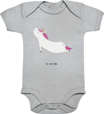 Produktbild von Mr. & Mrs. Panda Strampler Baby Einhorn Yoga 3. - 6. Monat - Heather Grey - Geschenk, Babybody, Yogamatte, Unicorn, Babystrampler, babykleidung body, Kurzarmbody, overall