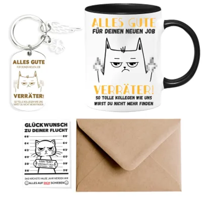 Abschiedsgeschenkset: Tasse, Karte & Schlüsselanhänger, 320 ml
