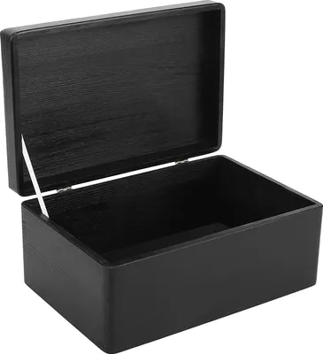 An open black wooden box with a hinged lid, shown from a slightly elevated angle against a white background.