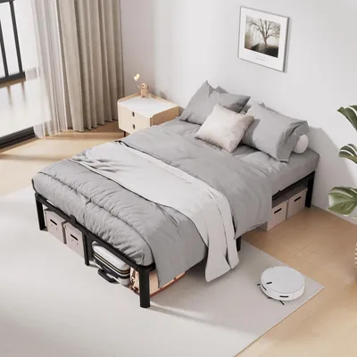 Image de Lit 140 x 190 cm, sommier avec rangement, lits KUTAS avec 14 rangées de lattes métalliques et pieds en forme d'éventail, style industriel, jusqu'à 480 kg, noir