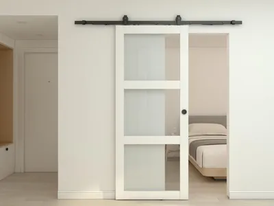 Produktbild von inova Holzschiebetür 1025 x 2150 mm, Weiß mit 3 Glasfeldern, Komplettset mit Griffmuschel, Softclose beidseitig