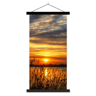 Produktbild von MuchoWow® Textilposter Sonnenuntergang - Meer - Horizont - Himmel - Pflanzen 60x120 cm mit schwarzem Rahmen - Magnete