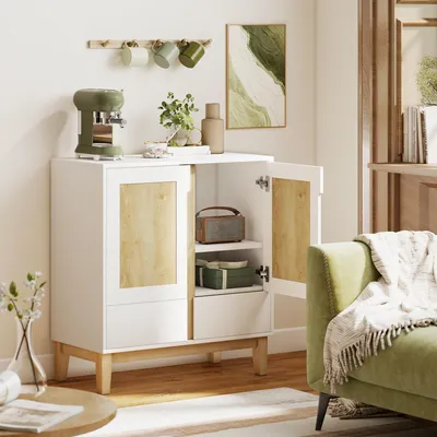 Produktbild von Sideboard skandinavisch 80x40x86 cm Weiß Eiche-Optik mit 2 Türen und 2 Schubladen, Anrichte Kommode Küchenschrank Beistellschrank Wohnzimmerschrank