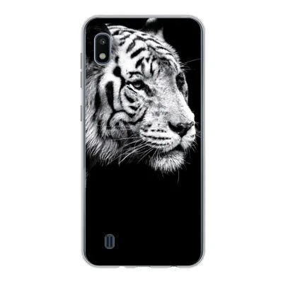 Produktbild von MuchoWow® Handyhülle Schutzhülle Hülle für Samsung Galaxy A10 Studioaufnahme eines weißen Tigers auf schwarzem Hintergrund Silikon Softcase Handy Hülle - Schutzhülle