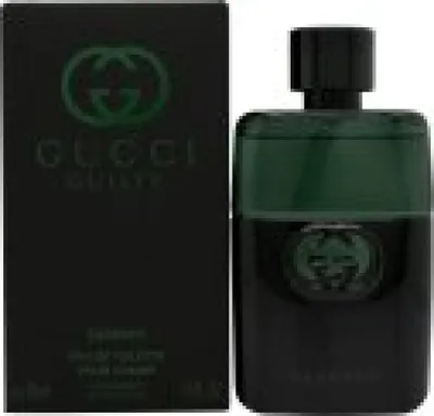 A bottle of Gucci Guilty Essence Pour Homme Eau De Toilette and its packaging.