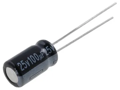 Produktbild von Elektrolytkondensator, 100µF, 25V, 105°C, ±1%, radial, THT