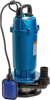 A blue submersible pump with a black float switch and hose adapter is shown against a white background.