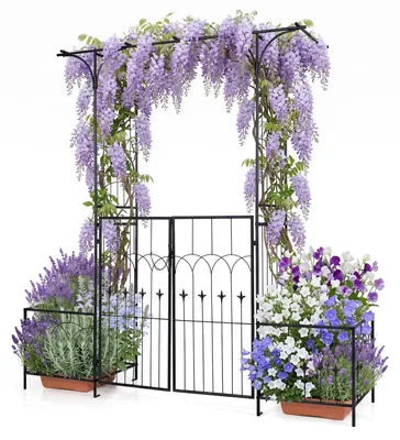 Produktbild von KOMFOTTEU Rosenbogen mit Tür, Gartenbogen aus Metall mit Rankgitter & 2 Pflanzkästen, Rankhilfe für Kletterpflanzen, Spalier Torbogen für Hochzeit, Garten & Partys, 200 x 51,5 x 206 cm