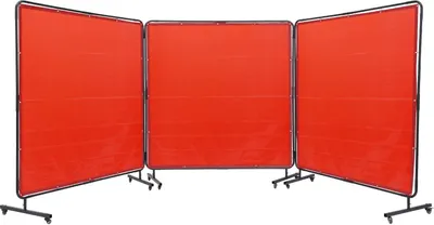 Image de rideau de soudure à 3 panneaux 1,8 x 1,8 m Rideau de soudure en vinyle ignifugé avec 12 roues pivotantes et une protection UV à 6 niveaux Couverture de soudure Protection de soudure rouge