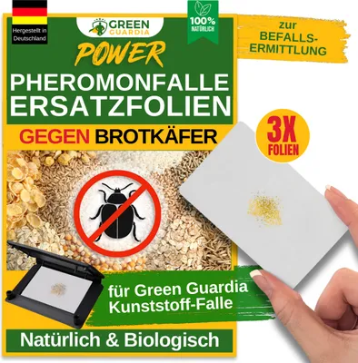 Produktbild von Green Guardia Ersatzklebeflächen mit Pheromon-Lockstoff-3x Fallen- Nachfüll-Set für Kunststoff-Fallen, Brotkäfer Falle, Natürlich & Wirksam