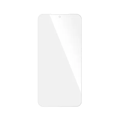 A clear, professional studio shot of a screen protector for a smartphone, presented on a plain white background.
