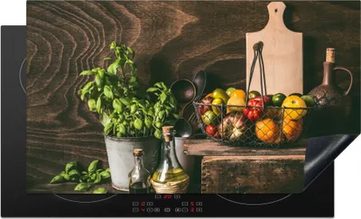 Produktbild von KitchenYeah© Herdabdeckplatte Gemüse - Kräuter - Rustikal - Stilleben - Basilikum , 91x52cm, Küche Deko, Glaskeramikkochfeld Herdabdeckung, Abdeckplatte fùr Kochfeld